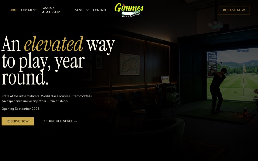 Screenshot of the Gimmes Golf Lounge website homepage, designed by RJ Designs