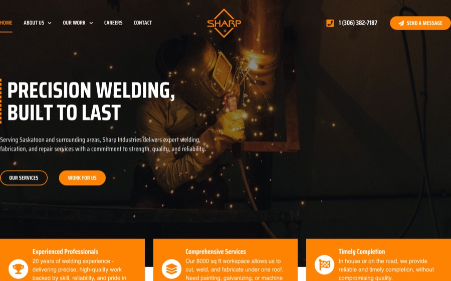 Screenshot of the Sharp Industries website homepage, designed by RJ Designs